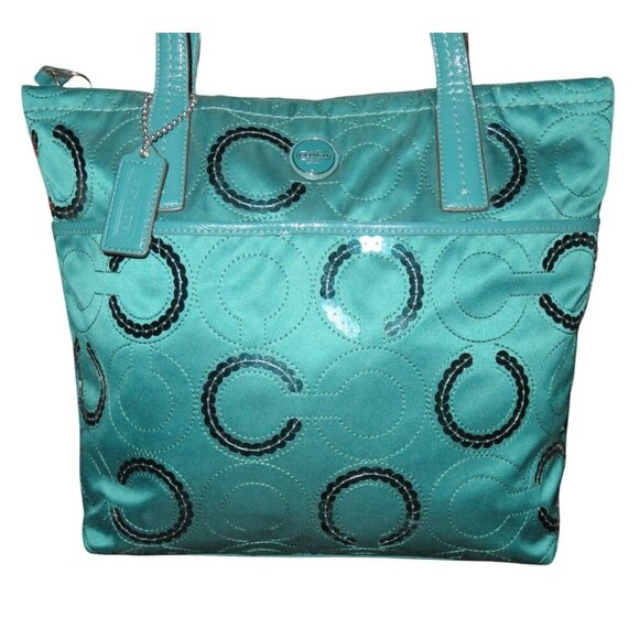 Coach 2013 Signature C Sequin Canvas Embellished Tote Bag in Jade Teal Green - Picture 1 of 12